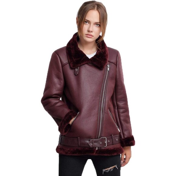 Women Wine Red Faux Shearling Moto Jacket Thick Lined Winter Leather Coat - Picture 1 of 6